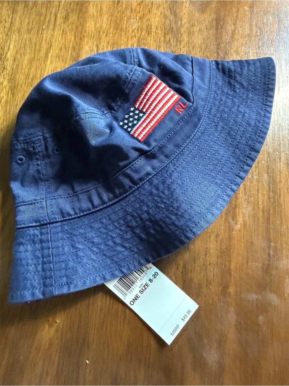 Ralph Lauren Kids Navy Bucket Hat with Embroidered American Flag